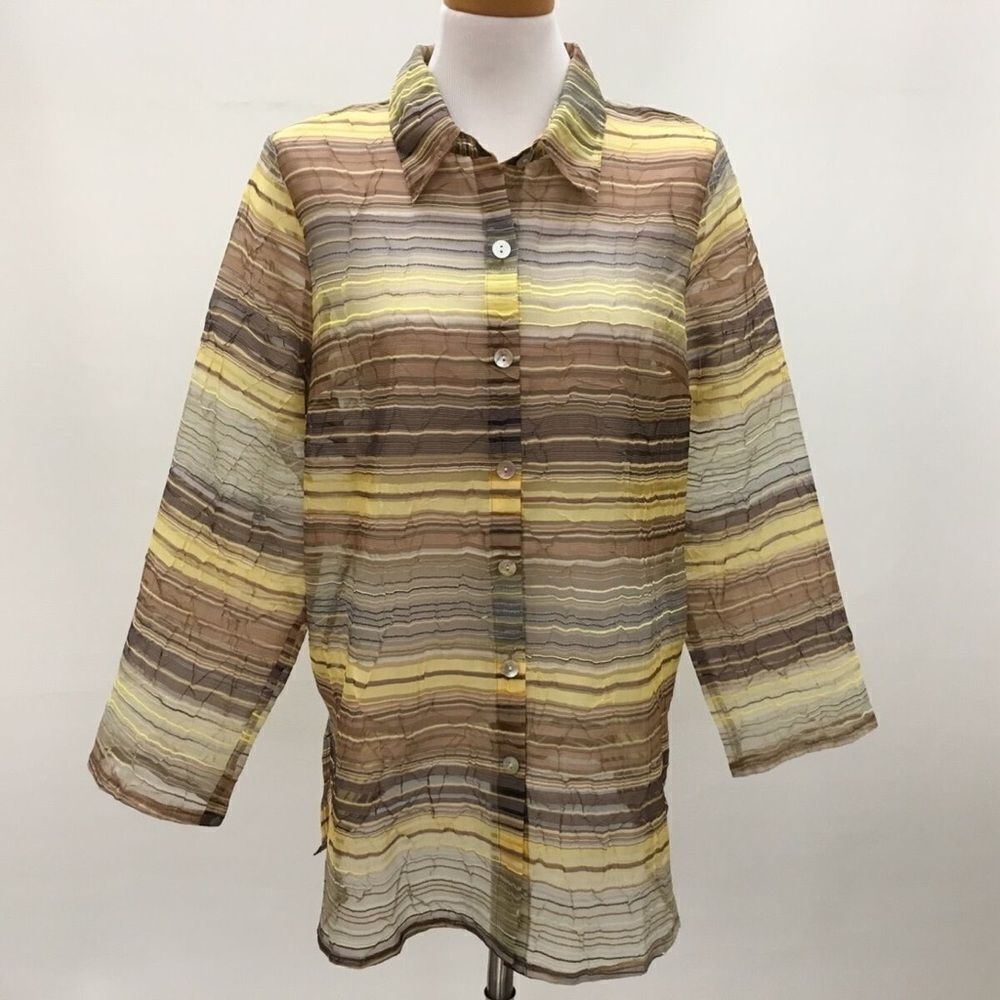 Chic Earth-Tone Striped Semi-Sheer Button-Down Blouse - Perfect for Layering!